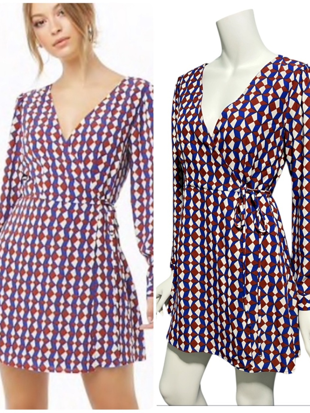 Forever 21 Long Sleeve Geo Print Wrap Style Dress Blue Deep Red White Small